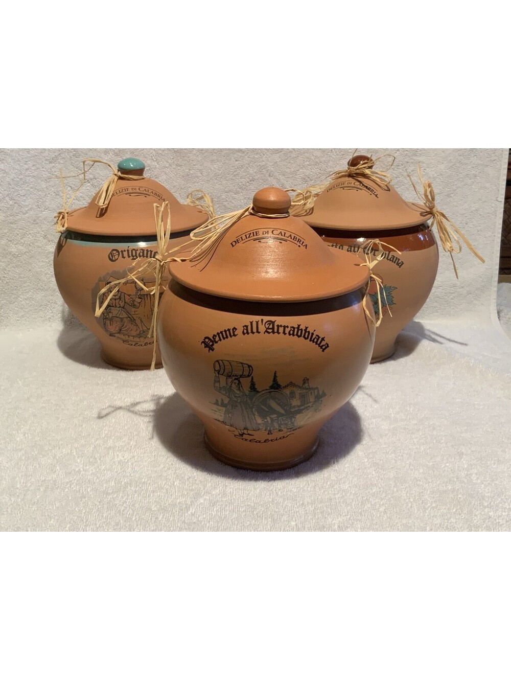 Vintage Italian Terracotta 8” x 6.25” Three Spice Jars each w/ Spice Included